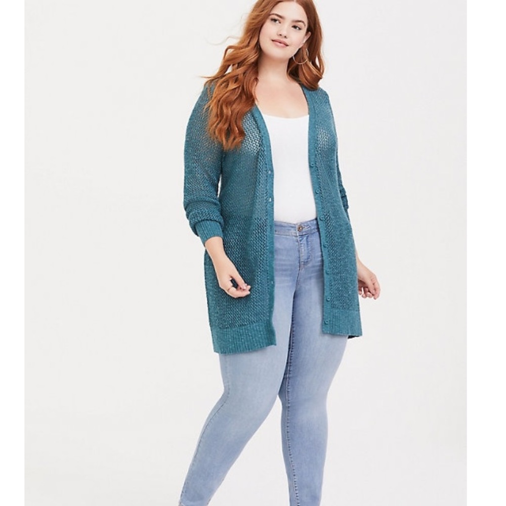 TORRID teal open knit boyfriend cardigan! - Picture 3 of 8